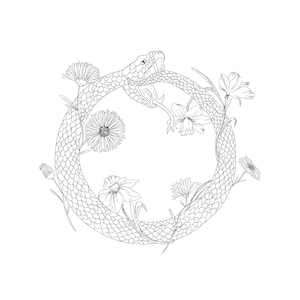 May include: A black and white line drawing of a snake forming a circle around a cluster of flowers. The snake is biting its own tail, creating a continuous loop. The flowers include daffodils and carnations.