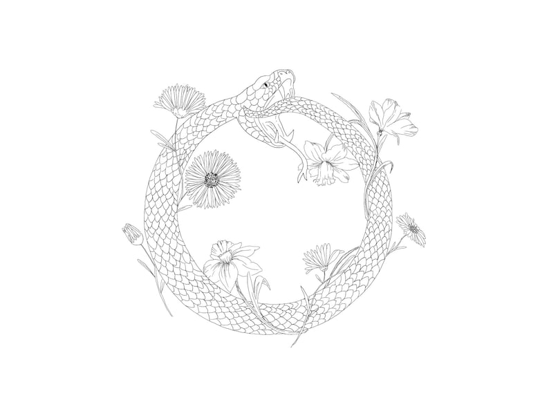 May include: A black and white line drawing of a snake forming a circle around a cluster of flowers. The snake is biting its own tail, creating a continuous loop. The flowers include daffodils and carnations.