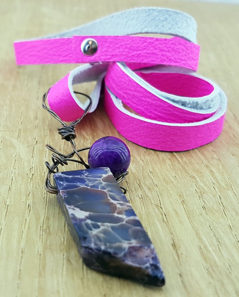 purple sea sediment Necklace,purple jasper beads pendant,leather Simple Necklace,violet gemstone,Minimalist Jewelry,Single Bead Necklac