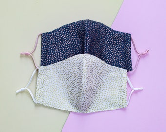 Metallic polka dots 3-layer Cotton Face Mask with filter pocket, adjustable ear loops and nose wire