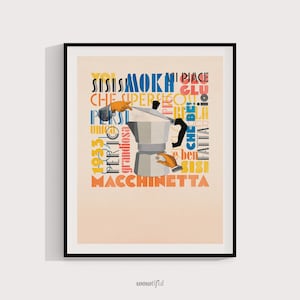 Moka pot art print, Retro coffee wall art, Italian lettering poster, Espresso kitchen decor, Barista gift, Vintage moka artwork.