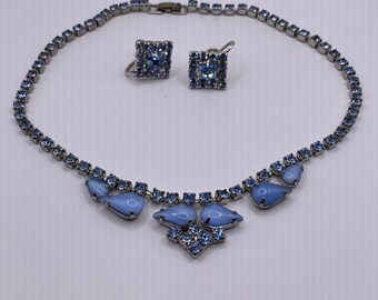 Vintage Art Deco blue glass and rhinestone set