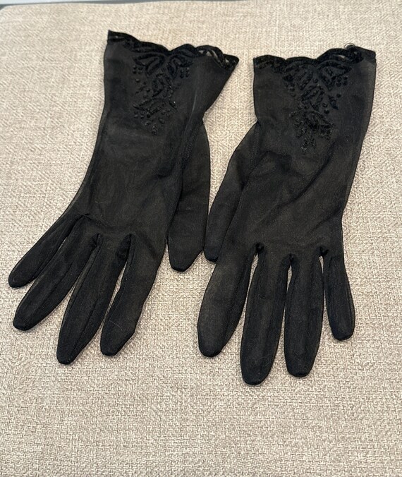 Black Chiffon and Velvet Evening Gloves - image 1