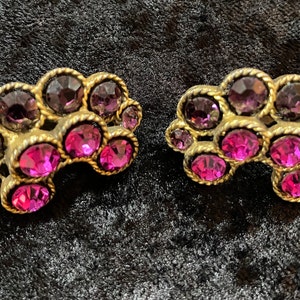 May include: A pair of gold tone earrings with a cluster of purple and pink rhinestones.