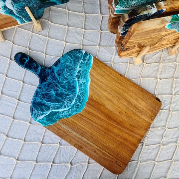 Sea waves paddle serving board, MADE TO ORDER Large or small cheese board, Resin ocean cutting board, Modern kitchen home decor, Charcuterie