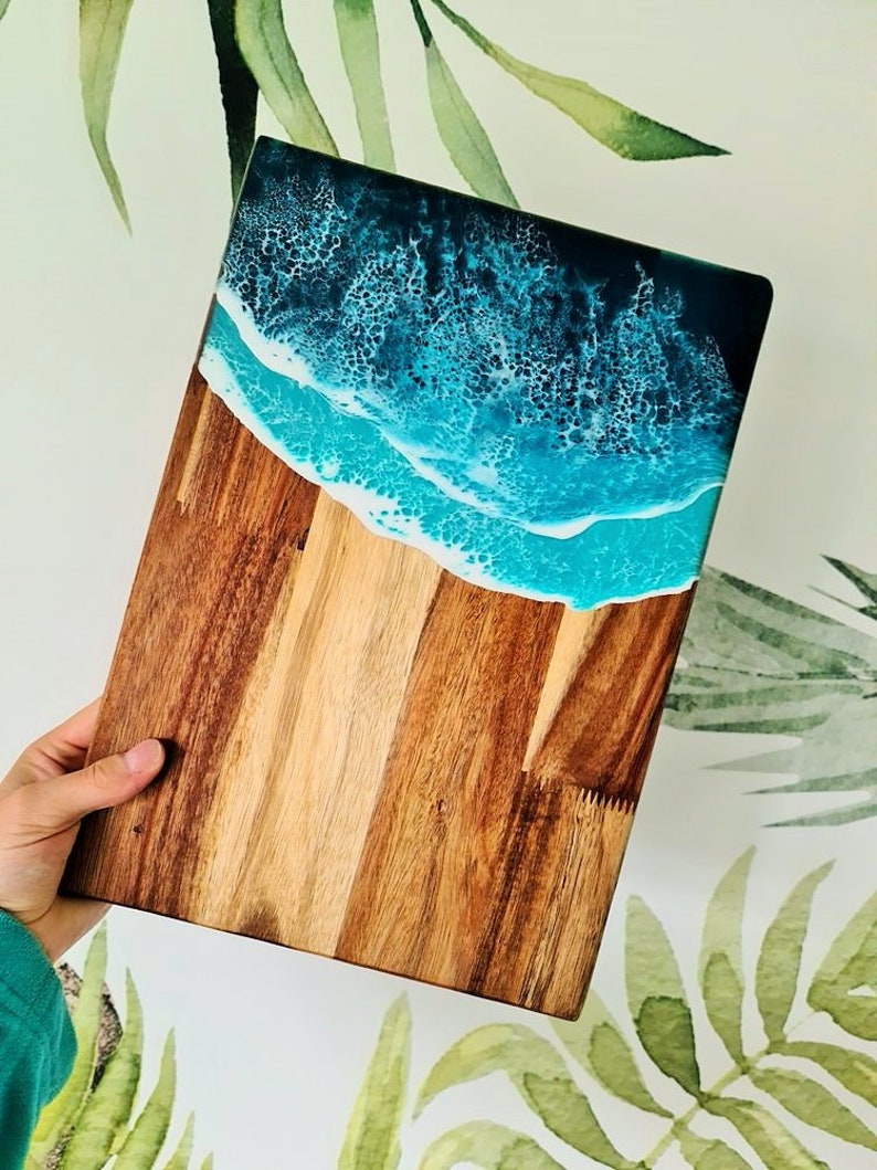 Resin ocean serving board, MADE TO ORDER, Medium acacia cheese board, Sea waves cutting board, Modern kitchen home decor, Charcuterie, Tapas image 3