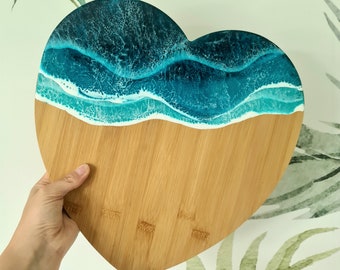 MADE TO ORDER, Large or small bamboo heart shape cheese board, Waves serving board, Resin sea ocean modern board, Kitchen & home decor