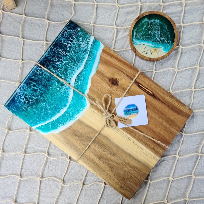 Resin ocean serving board, MADE TO ORDER, Medium acacia cheese board, Sea waves cutting board, Modern kitchen home decor, Charcuterie, Tapas image 5