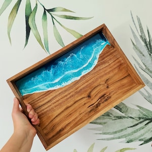 Handmade Acacia Wood Resin Ocean Wave Serving Tray, Coastal Home Decor (Made to Order)