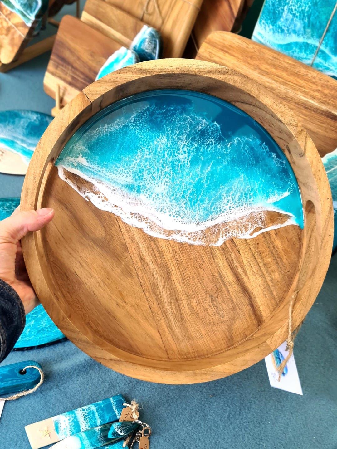 Decoupage Wooden Tray With Santorini Fish Design 30x40