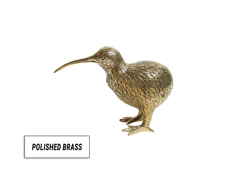May include: A polished brass sculpture of a kiwi bird. The bird is standing on its two legs with its beak pointing forward. The sculpture is detailed with feathers and has a realistic appearance.