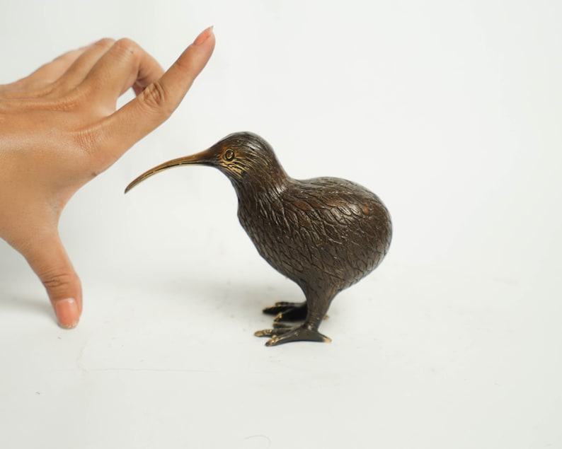 May include: A bronze sculpture of a kiwi bird. The bird is standing on a white surface and has a long, thin beak.