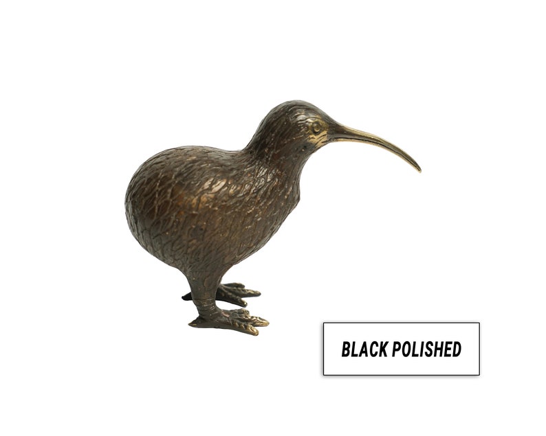 May include: A bronze sculpture of a kiwi bird with a black polished finish. The bird is standing on its feet with its head turned to the side and its beak pointing forward.