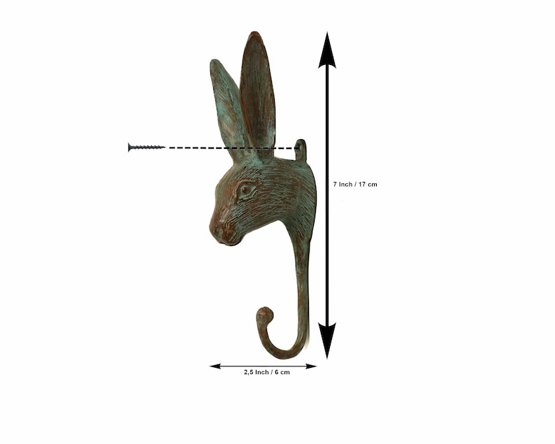 May include: A green metal rabbit head hook with a 7 inch / 17 cm height and a 2.5 inch / 6 cm width.