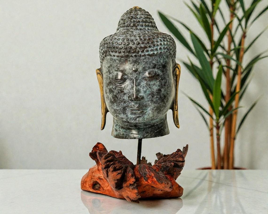Bronze Buddha Head Statue With Wood Base, Spiritual Decor (8 Inch