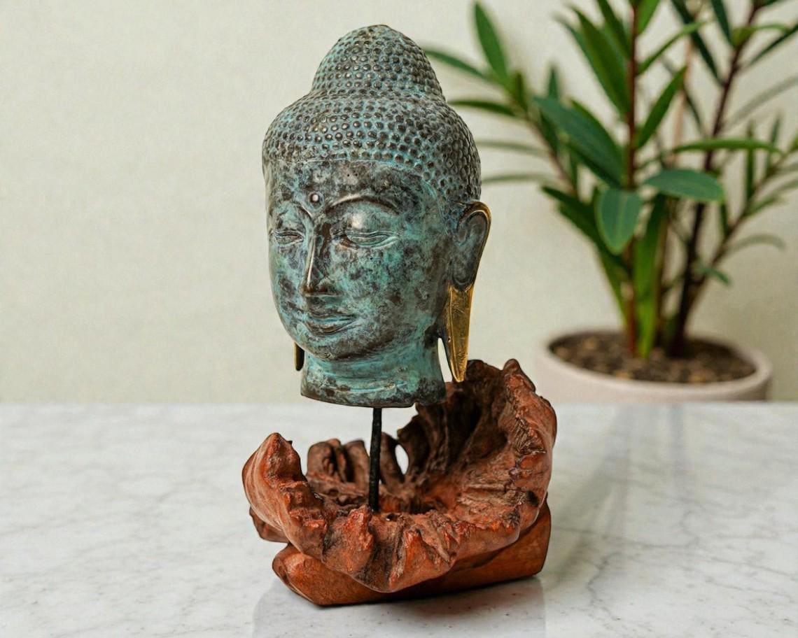仏教美術【Buddha Head】木彫　彫刻　仏頭　仏像　ブッダ　置物 Buddha head statue - Etsy 日本