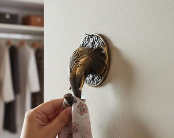 Bronze Elephant Hook, Decorative Wall Mount, Animal Figurine, 4.5 Inch