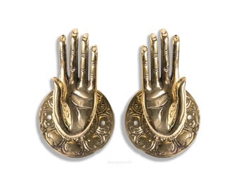 SET - Backplate Pull Grab Hook 3 Inch 7 cm , Shuni Mudra Buddha, Hand shape Knob Handle, Hand Handle, Hand bronze