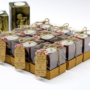 Bougies personnalisées pour cadeaux funéraires avec étiquette | Cadeaux commémoratifs | Cadeaux funéraires pour invités en vrac | Célébration des faveurs de la vie | Faveur de deuil