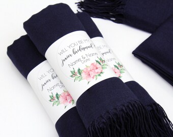 Navy Pashmina Shawl, Wedding Personalized Bridesmaid Shawl, Bridal Shower Favors, Wedding Favors for Guests, Wedding Shawl, Navy Scarf