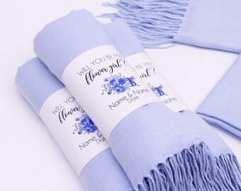 Baby Blue Pashmina Shawl, Wedding Personalized Bridesmaid Shawl, Bridal Shower Favors, Wedding Favors for Guests, Wedding Shawl Scarf