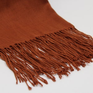 May include: Close-up of a rust-colored scarf with a fringed edge. The scarf is made of a soft, woven material. The fringe is a darker shade of the same color. The scarf is displayed on a white background.