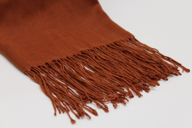 May include: Close-up of a rust-colored scarf with a fringed edge. The scarf is made of a soft, woven material. The fringe is a darker shade of the same color. The scarf is displayed on a white background.