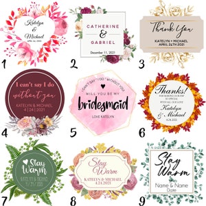 May include: A collection of nine wedding-themed stickers and labels. Designs include floral wreaths, geometric shapes, and decorative borders. Text includes names, dates, and phrases like "Thank You" and "Will You Be My Bridesmaid."