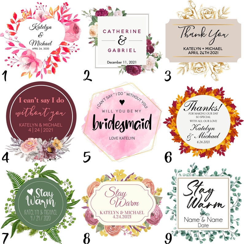 May include: A collection of nine wedding-themed stickers and labels. Designs include floral wreaths, geometric shapes, and decorative borders. Text includes names, dates, and phrases like "Thank You" and "Will You Be My Bridesmaid."