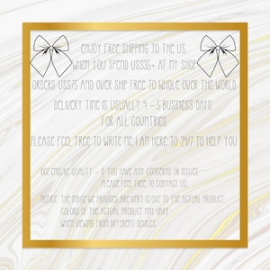 May include: A gold-framed image with text and bow illustrations. The text includes information about quality assurance and customer service. The background has a marble-like pattern.