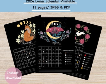 2024 Lunar calendar printable, moon phases annual calendar A4 & US Letter, Celestial events Calendar digital download, Astrology