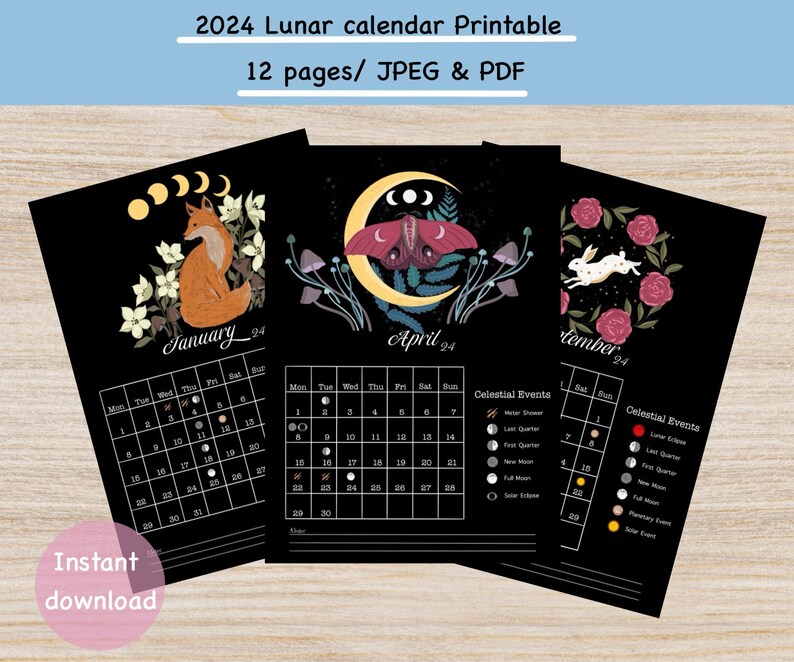 2024 Lunar Calendar Printable, Moon Phases Annual Calendar A4 & US