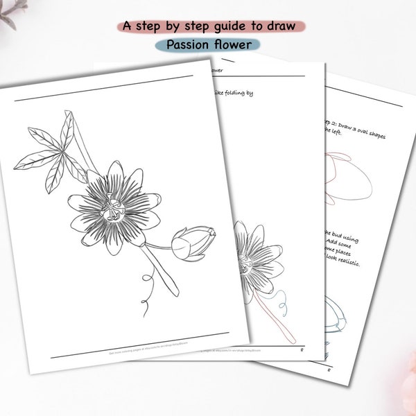 How to draw passion flowers, Step by Step drawing guide for beginners, Learn how to draw flowers printable worksheets digital download ebook