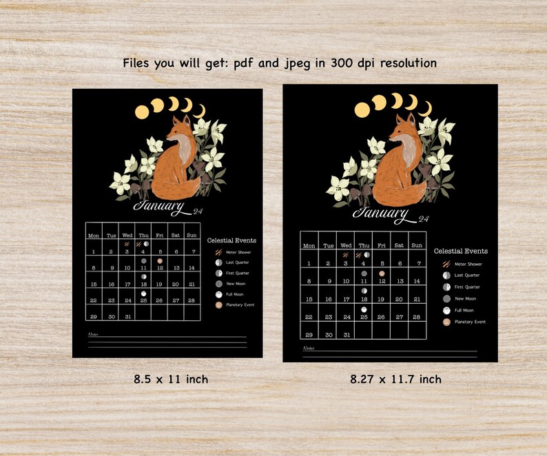 2024 Lunar Calendar Printable, Moon Phases Annual Calendar A4 & US