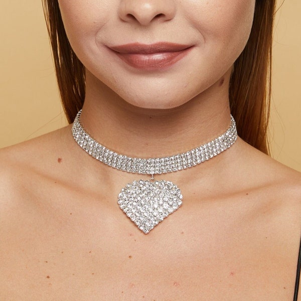 Love Heart Choker Necklace - Silver Rhinestone Choker - Crystal Choker - Diamond Choker - Women Accessories- Strass Choker - Diamante Choker