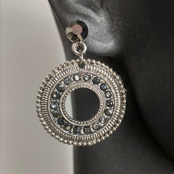 Vintage Circle Dangle Earrings - Long Gold Earrings - Silver Earrings - Gift for her - Turquoise Earrings - Anthracite earrings