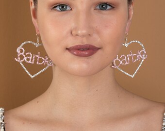 Pink Barbie Heart Earrings - Crystal Rhinestone Dangle Earrings - Long Diamond Earrings - Gift for her