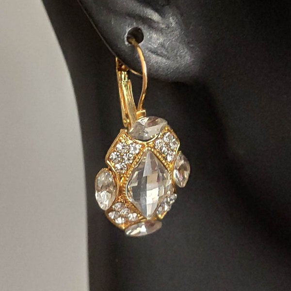 Vintage Dangle Hoop Earrings - Rhinestone Gold Earrings - Crystal Silver Earrings - Gift for her - Anthracite Earrings