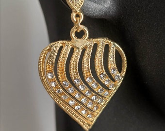 Gold Heart Crystal Earrings - Long Rhinestone Earrings - Square Diamond Earrings - Vintage Dangle Earrings - Gift for her