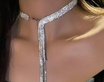 Rhinestone Choker Necklace - Long Tassel  Diamond Choker - 16 Rows Crystal Bridesmaid Gift - Wide Diamante Necklace - Wedding Jewelry