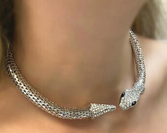 Gargantilla de serpiente de diamantes de imitación para mujer - Collar de cristal de plata - Gargantilla de strass de oro - Gargantilla de diamantes - Gargantilla de diamantes - Regalo para ella