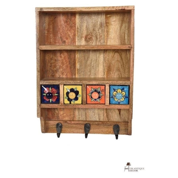 Cassettiera artigianale in legno con portachiavi, cassettiera in legno, cassettiera  portaoggetti/mobili sospesi a parete -  Italia