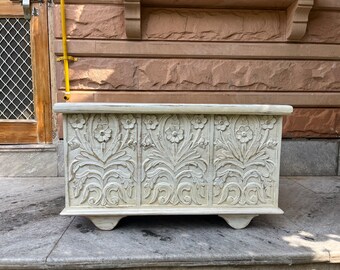 Wooden Artdecor Indian Carving White Distressed Storage trunk Box, Home Furniture Central trunk Box,carving stroage trunk box