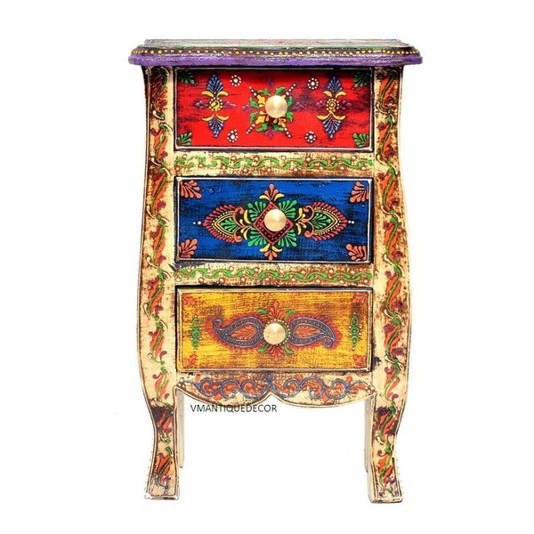 Wooden Antique 3 Drawer Table,Wood Bedside Table Panting Table,colorful bedside table drawer chest,Side Table,Living Room Furniture