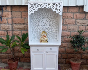 Wood MandirWooden PU Polished White Pooja Hindu Mandir With White Cabinet Chest Drawer,Pooja Temple And Storage Cabinet