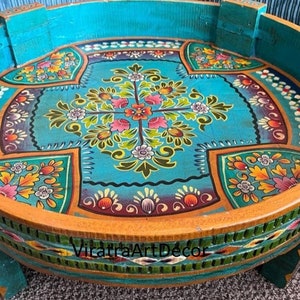 Wood Flower Hand painted Round Chakki Table ,Coffee table, Wood Side Grinder Table ,Indian Central Table Home art Furniture Decor table