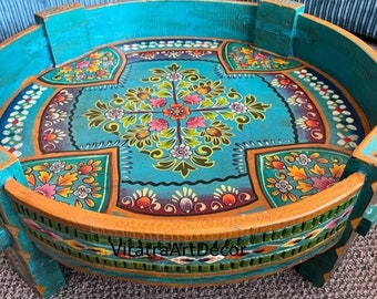 Wood Flower Hand painted Round Chakki Table ,Coffee table, Wood Side Grinder Table ,Indian Central Table Home art Furniture Decor table