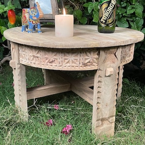 Wooden Round White Wash Indian Carved Chakki Coffee Table,Wood Central Coffee Table/Indian White wash Grinder side TableFree Beg