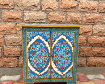 Wooden Indian Painted Handicraft Wood/ floral small buffet sideboard storage With Shelves,Solid Wood Mango Wood Bedside Cabinet