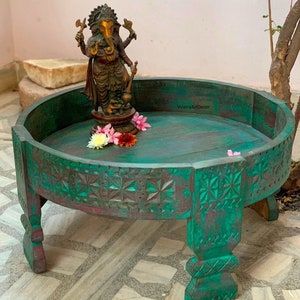 Wooden Indian Handicraft Ligh Green Old Look Chakki Table, Coffee Table,Nightstand,Wood Hukka Party Table For Home